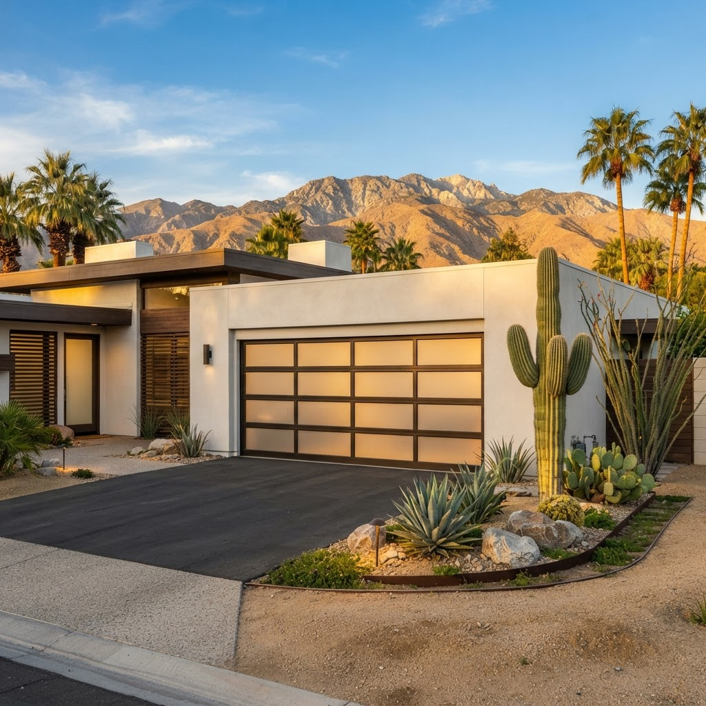 Contemporary aluminum and glass garage door on a desert modern home